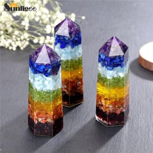 Sunligoo Reiki Healing Crystal 7 Chakra Chip Stones Resin 6 Faceted Wand Pointed Ornaments Meditation Therapy Energy Stone Decor