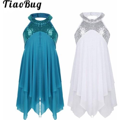 Tiaobug Girls Halter Sequin Backless Ballet Dance Leotard Dress Kids Teens Lyrical Contemporary Dance Costume Gymnastics Leotard