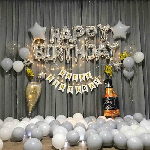 Birthday Party Decoration Adults Silver Happy Birthday Balloon Kit Anniversary Party Wineglass White Gray Latex Balloon Backdrop
