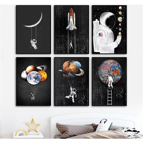 Funny Astronaut in space Canvas Paintings Wall Art Posters and Prints Graffiti Canvas Pictures For Boy Room Home Wall Decor