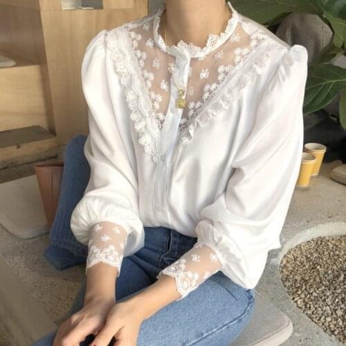 Women Spring Long Sleeve Sexy Flower Tulle Blouse Lace Single Breasted White Elegant Shirt Round Collar Tops