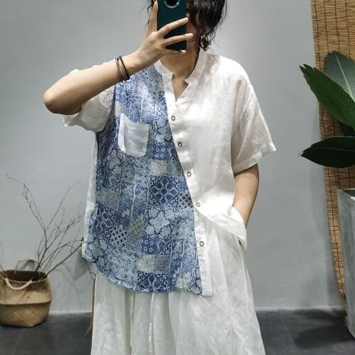 QPFJQD Ladies Summer Ramie Printed Blouses Short Sleeve Button Women Retro Thin Ramie Loose Ramie Tops And Shirts Stand Collar