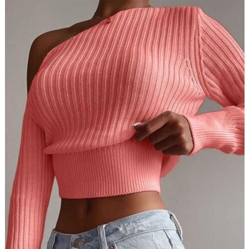 Sexy Off Shoulder Women Knitted Sweater Fashion Solid Pullover Sweater Pull Femme New Spring Casual Long Sleeve Crop Tops Jumper