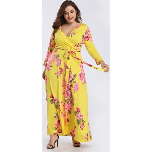 Sakazy 2021 Women Belt Receiving Waist Office Lady A-line Print Full Sashes Floor-length Regular V-neck Autumn Women Dress