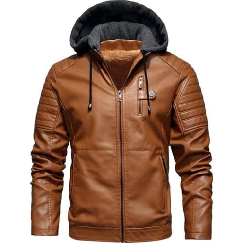 Winter Men PU Plus Size XL-5XL Coat Fashion Hooded Drawstring Pocket Zipper Plush Jacket Male Solid Jacket