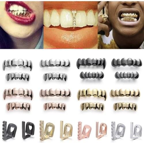 1PC Gold Plated Rhinestone Teeth Grillz Gangsta Body Jewelry Mold Kit Hip Hop Tooth Caps Top Bottom Grill Rapper Dental Jewelry