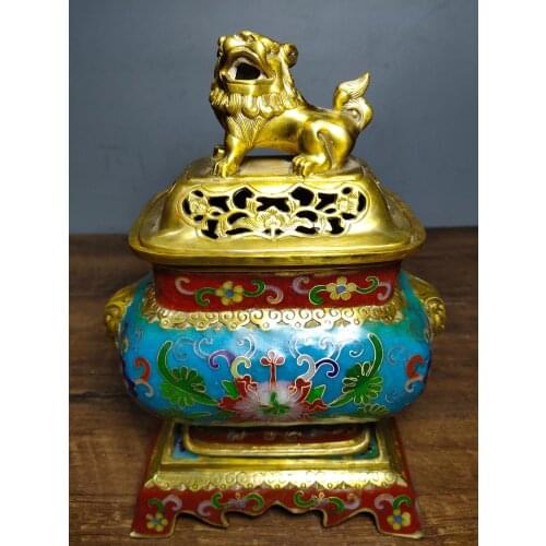 10"Tibet Buddhism Temple Old Bronze Cloisonne Enamel Lion statue incense burner Binaural Stove Lion cover incense burner