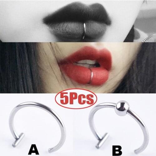 5Pcs/set Lip Nose Rings Neutral Punk Lip-shaped Ear Nose Clip Fake Diaphragm with Perforated Lip Hoop Body Jewelry Steel Ring A
