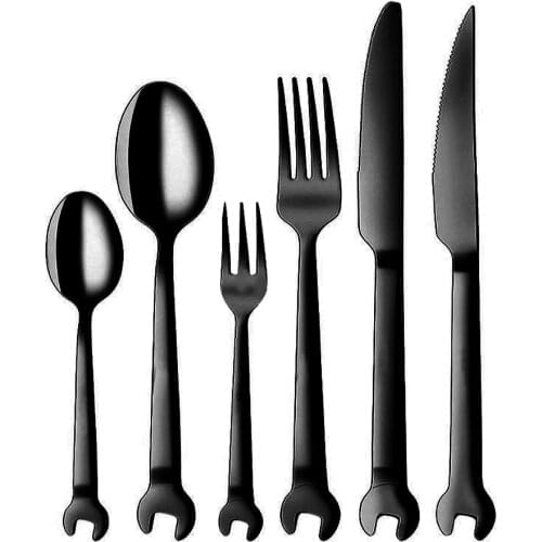 6PCS/Set Plating Stainless Steel Creative Wrench Shape Fork Spoon Tableware Steak Knife Dinner Fruit Dessert Long Fork Tea Spoon