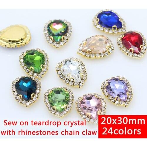 6p 30x20mm color Sewing On Teardrop big stone crystal Garment Dress Rhinestone trim bead Applique DIY Jewelry craft gold setting