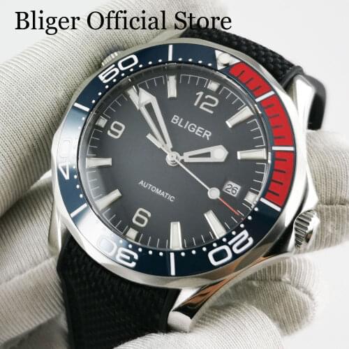 BLIGER Stainless Steel Automatic Men Wristwatch Sapphire Glass Rotating Bezel Rubber Strap 41mm