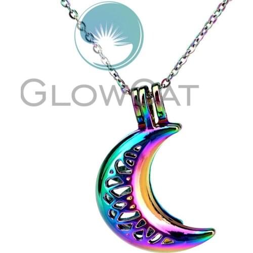 CC836 Rainbow Color Moon Crescent Beads Cage Pendant Essential Oil Diffuser Aroma Pearl Cage Locket Necklace