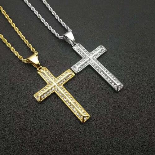 Hip Hop Iced Out Chains Cross Pendant Male Gold Color Stainless Steel Christian Necklaces For Men Women Jewelry Dropshipping