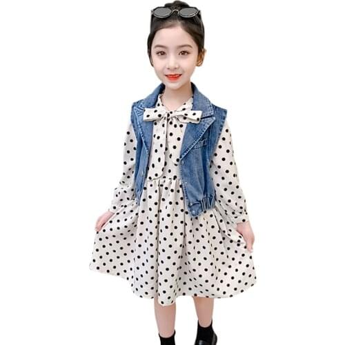 Kids Clothes Jacket + Dot Dress Clothing For Girls Spring Autumn Girls Sets Casual Childrens Clothing 6 8 10 12 14