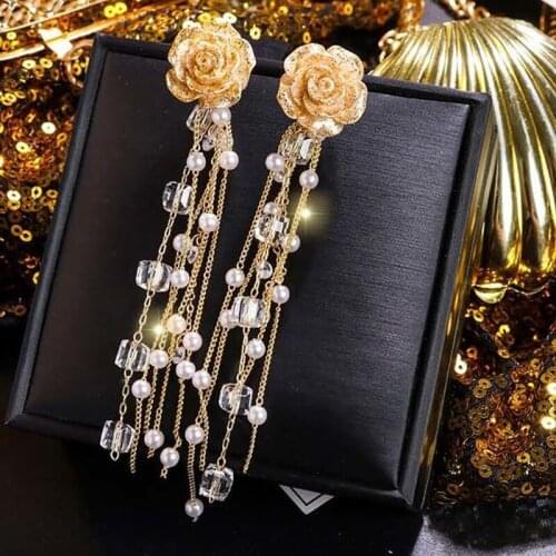 Exknl Vintage Pearls Big Long Earrings Women Trendy Dangle Rose Flower Big Korean Earrings Weddings Female Jewelry Accessories