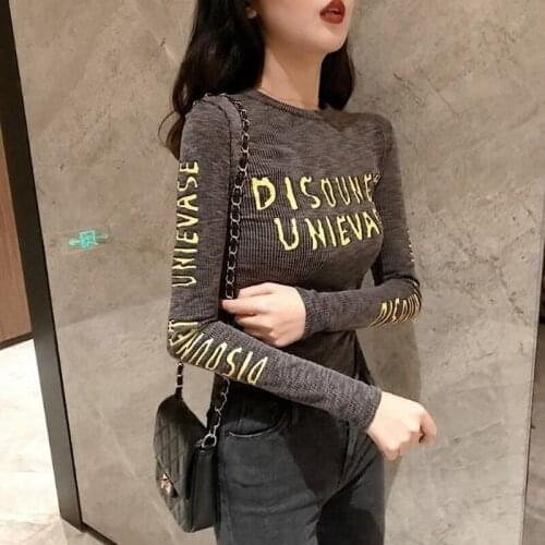 T-shirt Top Spring New Retro Hong Kong Style Round Neck Printed Letters Long-sleeved Slim Bottoming Shirt Top Womens Clothing