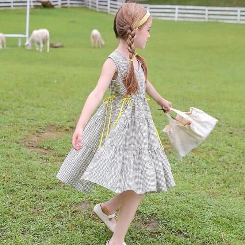 Summer Casual Light Dress For Girls Fashion Sleeveless Plaid Loose Hem Gown Chidren Ourdoor Vacation Daily Dresses Clothes