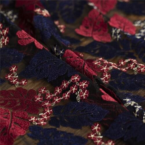 Couture fashion embroidery red&navy leaves pattern with gold sheer black mesh fabric for skirt,dress,wedding,craft by the yard