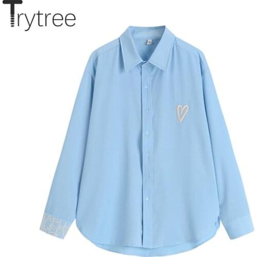 Trytree 2021 Autumn Fashion Womens Blouse Casual Solid Blue Shirts Embroidery Long Sleeve Tops For Women Vintage Office Lady