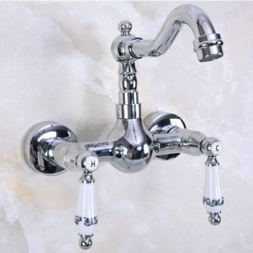 Polished Chrome Wall Mounted Dual Ceramic Handles Swivel Spout Kitchen Sink Mixer Tap / Bathroom Basin Faucets tnf956