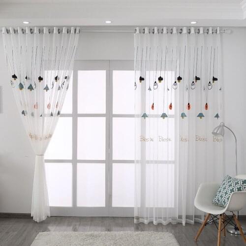 Simple Cartoon Embroidered Thin Window Tulle Floating Window Tulle White Drooping Curtains for Living Dining Room Bedroom Study