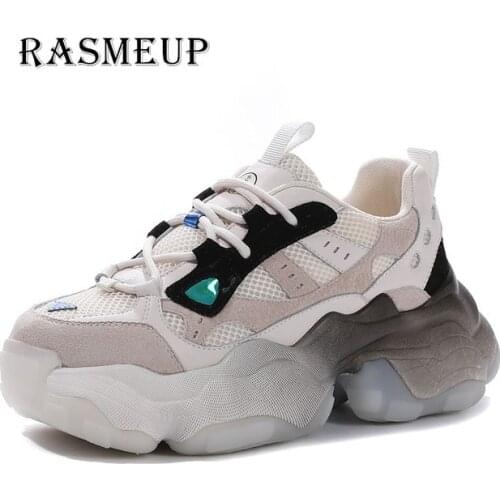 RASMEUP Genuine Leather Ins Dad Shoes Chunky Sneakers Women 2021 Breathable Comfortable Platform Lace up Women Casual Shoes