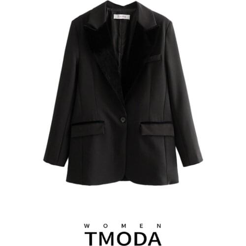 TMODA515 2021 Sping Spliced Black Velvet Suit Jacket Office Lady Formal Blazer Single Button Jacket Women Clothing