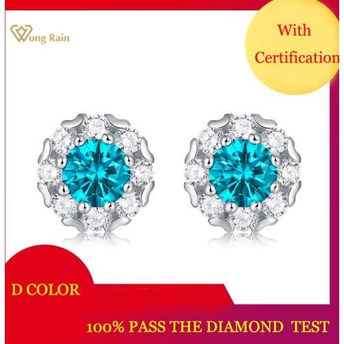 Wong Rain 100% 925 Sterling Silver Round Cut Real Blue Moissanite Gemstone Wedding Engagement Women Studs Earrings Fine Jewelry