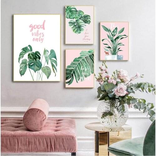 Green Leaf Pink Background Poster Fresh Nordic Style Wall Art Canvas Painting Hd Print Wall Picture For Living Room Home Decor