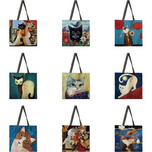 Womens beach bag foldable shoulder bag shopping bag famous painting cat printed tote bag linen casual tote bag reusable
