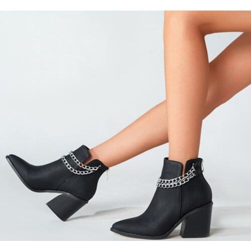 Women Ankle Boots PU Leather Point Toe Shoes Female High Block Heels Metal Chain Plus Size Ladies Fashion Comfort Footwear