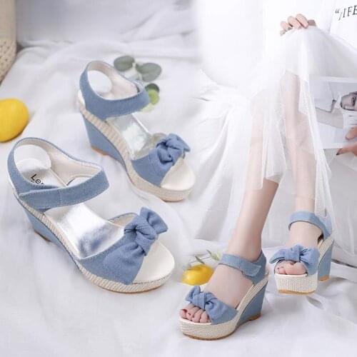 2021 New Fashion Summer Blue Denim Sandals High Heel Platform Wedges Sexy Bowtie Female Women Sandals Hot Selling Womens Shoes