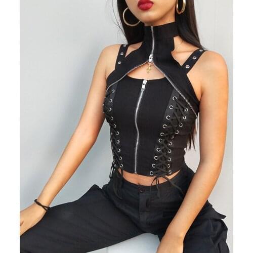 Women Short Tank Tops Gothic Sexy Chic Cool Slim Lace Up Party Club Goth Hip Hop Punk Rivet Female Black Tee