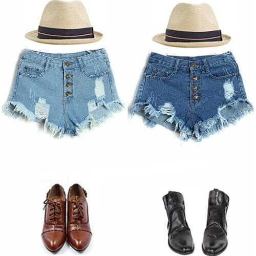 Free Shipping 2016 summer New Hole Punk Rock Casual Vintage Ripped Retro Denim Jeans Sexy High Waist Shorts Women