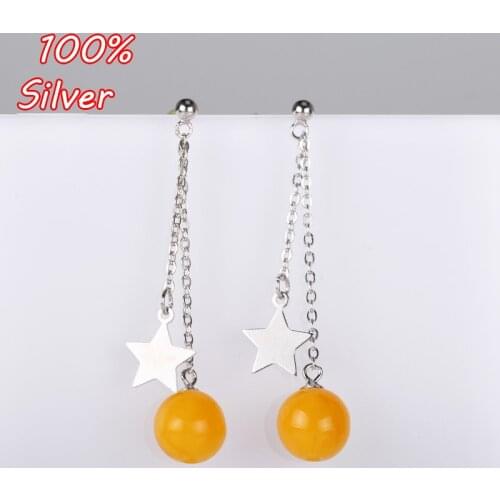 100% Sterling-Silver Color Dangle Earrings Inlaid 6MM-10MM Wax Amber Earrings for Women Fine Jewelry Setting