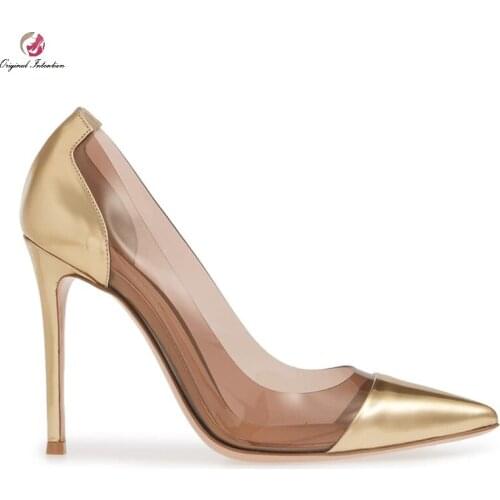 Champagne Woman PVC Heels Shallow Pointed Toe Heels Thin Heels Party Wedding Heels Pumps Shoes Females Heels Large Size 33-45