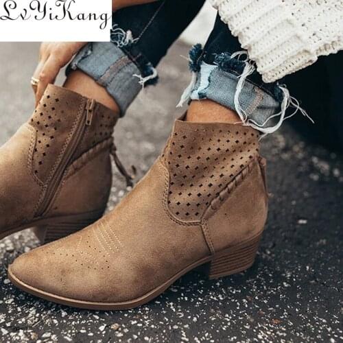 Women Shoes Retro High Heel Ankle Boots Female Block Mid Heels Casual Botas Mujer Ladies Booties Feminina Plus Size 35-43 2019