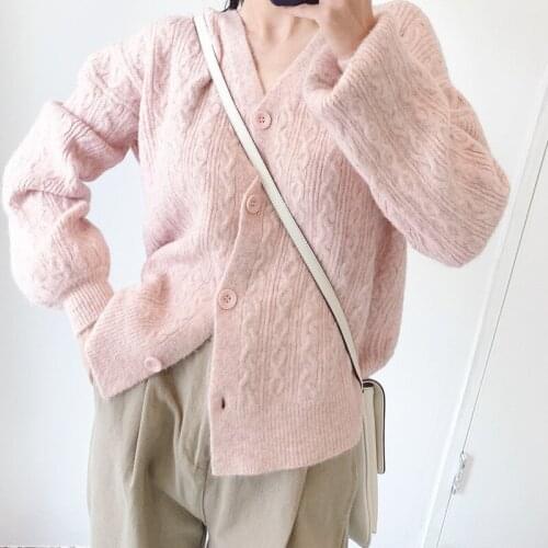 2021 Autumn New Soft Candy Color V-neck Women Knitted Cardigans Lantern Sleeve Single Breasted Thicken Warm Winter Sweaters