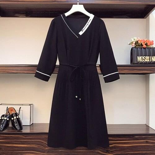 4XL plus size women elegant vintage letter black dress autumn winter long Sleeve v neck slim letter embroidery dresses vestido