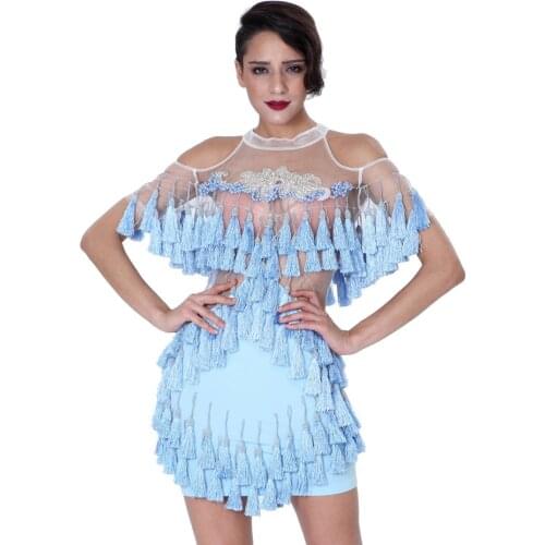 S Curve Handmade Tassel Beading Crepe Mesh Dress Womens Off-shoulder Short Sleeve Party Celebrity Mini Dress
