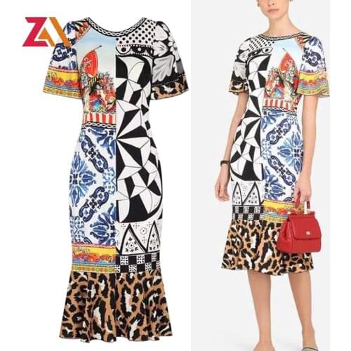 Runway Custom Summer Party evening Dress Womens Fashion Short Sleeve Jigsaw Print Vintage Leopard Midi Dresses Vestdios mujer
