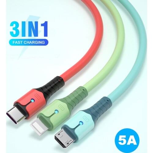 5A 3 In 1 Fast Charging USB Data Cable USB To Micro USB/Type-C/8 Pin Charger Kable Liquid Silicone LED Cord For iPhone 12 Huawei