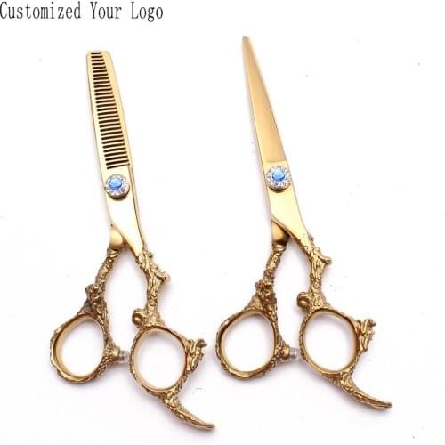 5.5" 6.0" JP 440C Gold Color Customize Logo Cutting Scissors Thinninng Shears Pets Scissors Dogs Scissors Grooming Shears C9005