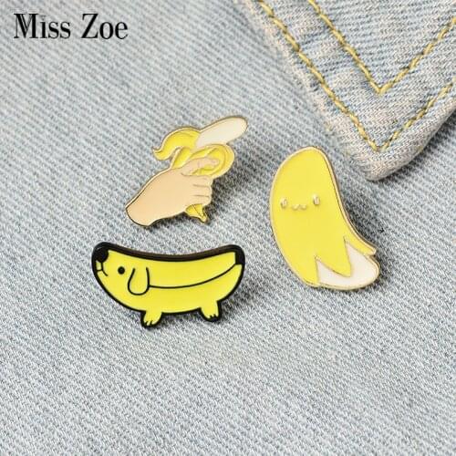 Hey Banana Enamel Pins Custom Puppy Egg Gun Brooches Lapel Pin Shirt Bag Cute Animal Fruit Badge Fun Jewelry Gift Kids Friends