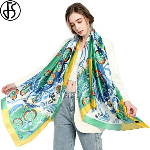 FS 2021 Green Yellow Luxury Silk Scarf Flower Print Satin Hijab For Women Elegant Winter Scarves Wraps And Shawls Echarpe Femme