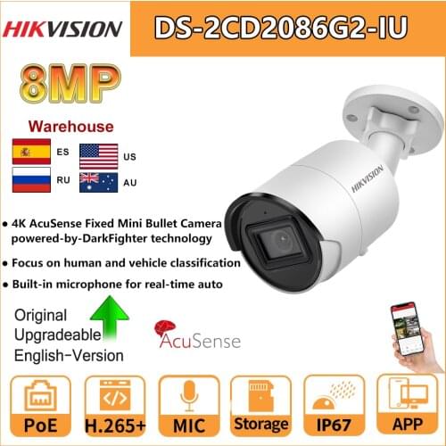 Hikvision 4K AcuSense Bullet PoE 8MP IP Camera DS-2CD2086G2-IU Human Vehicle Classification Built-In Mic SD Card Slot H265+ IP67