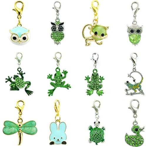 JINGLANG Mix Sale Fashion Lobster Clasp Charms Green Rhinestone Enamel Animal Pendants DIY For Jewelry Making Accessories