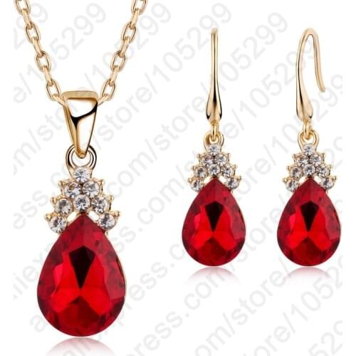 Classic Women Red Austrian Crystal Necklace/Earrings Pendant Set Yellow Gold Filled Water Drop Rhinestone Jewely Sets