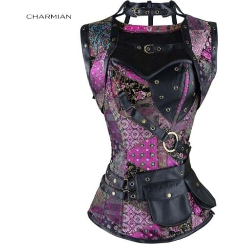 Charmian Womens Plus Size Retro Gothic Steampunk Corset Spiral Steel Boned Green Purple Corset Brocade Bustiers with Pouch Belt