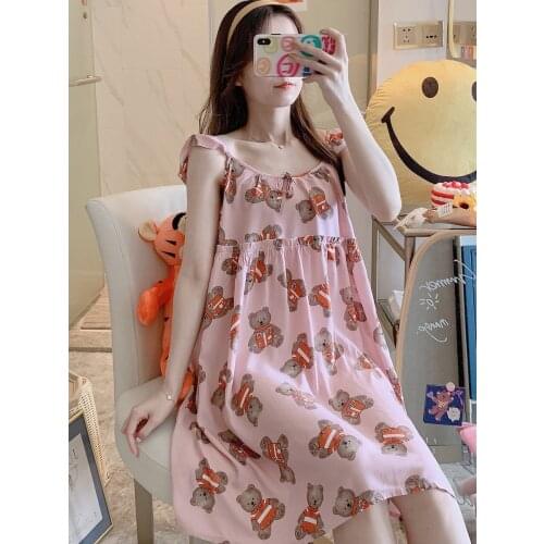 Summer Roud-Neck Plus Size Sleep Cotton Cute Vintage Sexy Nightgown Slip Strap Short Sleeve Women'Dress Pink Nightgown